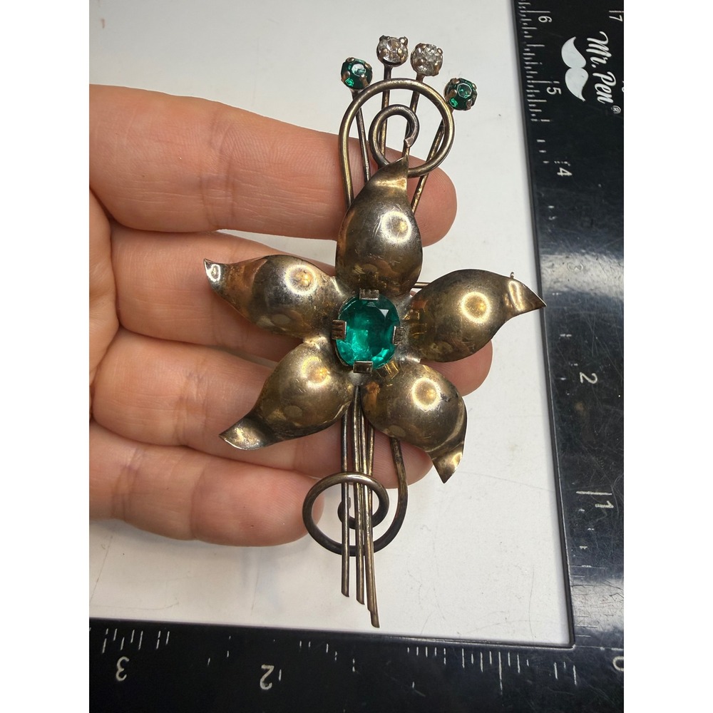Vintage Sterling Silver Flower Brooch Green Rhinestone Emerald Cut Glass Pin